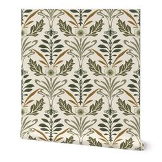 a white and green wallpaper with an ornate design on the front, featuring leaves and flowers