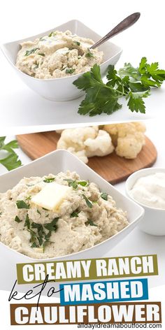 two bowls filled with mashed cauliflower and parsley next to each other