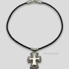 "Sterling silver cross on 3 mm braided black leather choker. Sterling silver claps. Cross and clasps designed in Zbrush software, 3D printed in wax and cast in sterling silver. 16\" choker length." Adjustable Silver Cross Choker, Black Leather Choker, Nickel-free Sterling Silver Cross Charm, Corpus Christi Tx, Leather Chokers, Leather Cross, Sterling Silver Cross, Silver Cross, Zbrush