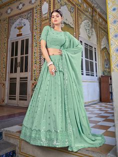 Buy mystical pista green georgette embroidered lehenga choli for celebrating upcoming festival celebration. Shop this breathtaking lehenga choli which comes with Georgette blouse and Georgette dupatta. Pista Color Lehenga, Plus Size Lehenga, Flared Lehenga, Green Lehenga Choli, Engagement Lehenga, Pista Green, Reception Lehenga, Designer Lehengas, Party Wear Lehenga Choli