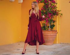 Burgundy long wrap dress / bridesmaid dress / cocktail dress / | Etsy Chic V-neck Bridesmaid Evening Dress, V-neck Gown For Wedding Guest, Chic Floor-length Maxi Dress For Wedding Guest, Elegant Lace Maxi Dress For Prom, Elegant Tea Length Dress For Prom Evening, Elegant Midi Prom Dress, Elegant Midi Length Prom Dress, Chic Maxi Dress For Wedding Guest, Dressy Maxi Dress For Prom Season