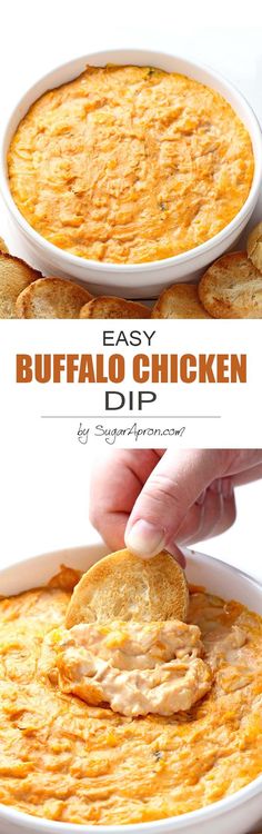 easy buffalo chicken dip recipe in a white bowl with crackers on the side and hand dipping it