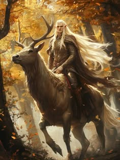 a man riding on the back of a white horse through a forest filled with trees