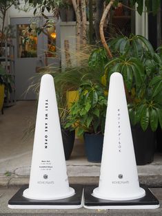 two white cones sitting next to each other on top of a black mat in front of a potted plant