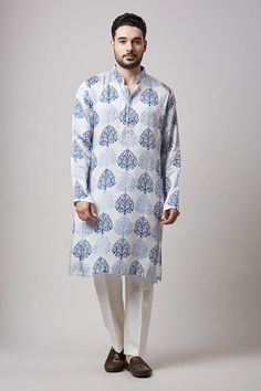 Ivory kurta with hand block print in modal satin base. Paired with a pant. - Aza Fashions Unstitched Block Print Straight Kurta, Traditional Printed Chanderi Kurta, White Block Print Chanderi Set, White Chanderi Block Print Set, Transitional White Kurta With Printed Motifs, Festive White Printed Kurta, White Straight Kurta With Printed Motifs, White Block Print Straight Kurta Set, Printed Straight Kurta For Navratri