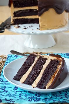 two slices of chocolate cake sitting on plates