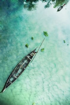 an aerial view of a boat in the water with green plants on it's side