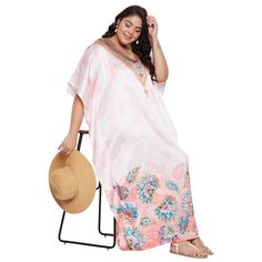 Pull-On Closure Material: 100% Satin Pattern: Floral & Paisley Printed Size: Fits Perfectly To Us Plus Size 1x To 3x Color: Peach Length: 52 Inches Sleeve Style: Kimono 3/4 Sleeve Neck Style: V-Neckline Model: Sg152-2006-Peh Care Instruction: Hand Wash/Machine Wash Short Sleeve Paisley Print Maxi Dress For Beach, Short Sleeve Paisley Maxi Dress For Beach, Paisley Print Short Sleeve Maxi Dress For Beach, Short Sleeve Maxi Dress With Paisley Print For Summer, Summer Paisley Print Kaftan, Pink Paisley Print Dresses For Vacation, Summer Paisley Print Kaftan For Vacation, Summer Vacation Paisley Print Kaftan, Pink Paisley Print Beach Dress