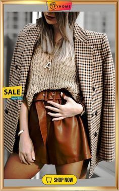 Outfit Elegantes, Brown Leather Skirt, Chique Outfits, Button Long Sleeve, Blazer Outfits, Plaid Blazer, Autumn Outfit, Leather Shorts