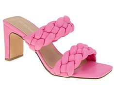 Includes 1 pair shoe Slide block heel sandal Braided straps Memory foam with green latex for added comfort Man-made Imported Barbie Summer, Braids With Weave, Fancy Shoes, Braided Strap, Black Chain, Heel Sandal, Slides Shoes, Bubblegum Pink, Dress Sandals