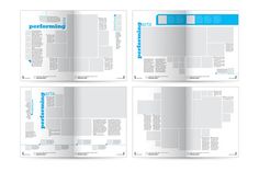 four pages in the magazine with blue and white lines on them, each page has an image