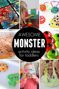 there is a collage of different activities for toddlers to do with the monster