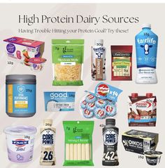 an advertisement for high protein dairy sources, including yogurt and other foodstuffs