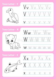 trace letter v worksheet for children with animals and letters to write the alphabet