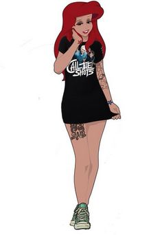 a drawing of a woman with red hair and tattoos on her body, wearing a black dress