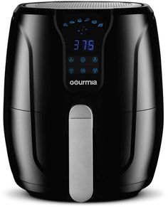 the gourmia air fryer is black and has blue lights on its display