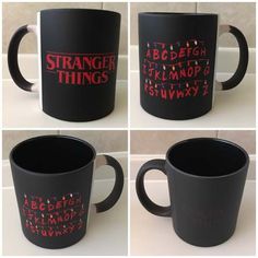 four different mugs with the words strange things written on them in red and black