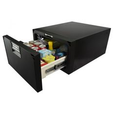 an open black refrigerator with drinks in it's drawer and the door ajar