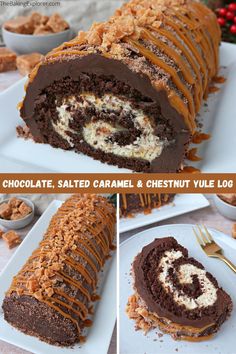 chocolate, salted caramel and chestnut yule log cake