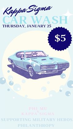 an advertisement for a car wash with the image of a blue car on it's side