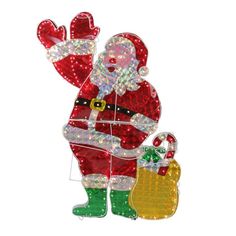 a glass ornament with a santa clause holding a bag