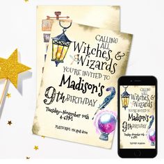 an image of a harry potter birthday card and cell phone on a white background with gold stars