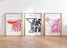 three framed posters with different types of cocktails on them in a white walled room