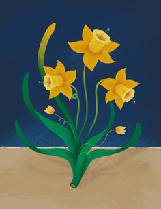 a painting of yellow flowers on a blue background