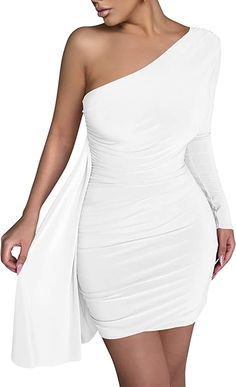 One Shoulder White Cascading Mini Dress 90% Polyester, 10% Spandex Imported Pull On closure This sexy bodycon cocktail dresses is high stretchy, skin-friendly, comfortable to wear, not see through Size Chart XS = Dress 0-2, Bust, 31"-32.5", Waist 23"-24, Hip 31"- 34"Small = Dress 4-6, Bust,33"-35", Waist 25-26", Hips 35"-37"Medium = Dress 8-10, Bust 35-36" Waist 27-28", Hips 38-39"Large =Dress 12-14,Bust,38-40, Waist,29-31", Hips 40-42"14/16 - Bust 40"-42", Waist 33.5"-36", Hips 44"-46" One Shoulder Hoco Dress, Bodycon Cocktail Dress, Club Party Dresses, Party Dress Long Sleeve, Club Dress, Club Parties, Large Dress, Medium Dress, Club Party