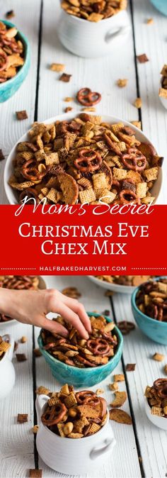 homemade christmas eve chex mix recipe with hands reaching for the top and serving bowl