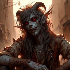 an evil looking demon with horns and blood on his face in the middle of a city