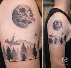 two different pictures of the same tattoo on someone's left arm and shoulder, one with