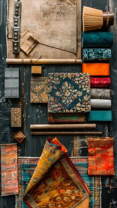 an assortment of fabrics and rugs on display