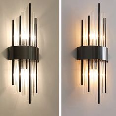 two different views of a wall light with multiple lights on each side and one in the middle