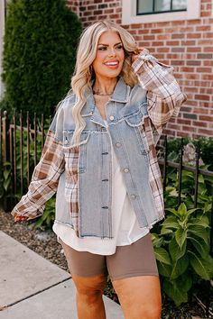 - Be a coffee run cutie in this trendy fall jacket! - Unlined soft cream and brown colored plaid material as well as non-stretch denim with frayed accent seams - A collared neckline - A button down front - Functional chest pockets - Long loose sleeves with button closure cuffs - A relaxed silhouette that ends in an uneven frayed hemline Measurements 1XL : Bust 54", Hip 54", Length 24", Sleeve Length 31", Waist 54". 2XL : Bust 56", Hip 56", Length 24.5", Sleeve Length 31.5", Waist 56". 3XL : Bust Fall Layering Medium Wash Denim Jacket, Fall Denim Jacket For Layering In Medium Wash, Medium Wash Denim Jacket For Fall Layering, Plaid Denim Outerwear With Long Sleeves, Plaid Denim Long Sleeve Outerwear, Long-sleeved Plaid Denim Outerwear, Plaid Denim Outerwear For Fall, Medium Wash Outerwear With Frayed Hem For Fall, Spring Plaid Denim Outerwear