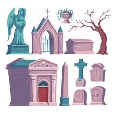 an illustration of cemetery with tombstones, trees and angel on the top one has a red door