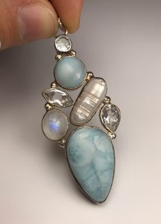 "Sterling Silver Multi-Stone Pendant; Larimar, Quartz, Moonstone, & Pearl .925 Sterling Silver Size:  2-3/4\" Long 1\" Wide" White Larimar Gemstone Jewelry, Handmade White Larimar Jewelry, White Larimar Round Jewelry, Purple Starfish, Profile Deep, Forged Jewelry, Beads Butterfly, Hand Forged Jewelry, Gold Owl