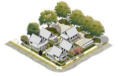 an artist's rendering of a house in the middle of a park with trees and bushes