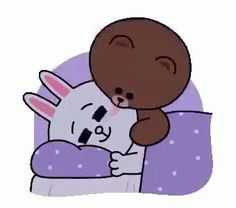 a drawing of a bear hugging a bunny on the bed with purple sheets and polka dots