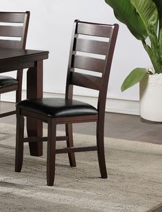 a dining room table with two chairs and a potted plant on the floor next to it