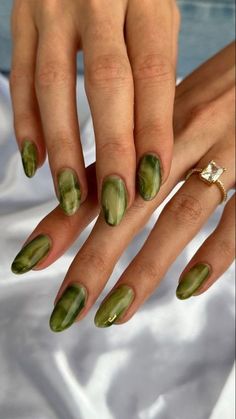 Green Nail Art Short Nails, Periodt Green Nails, Green Nails Aesthetic Vintage, Fun Gel X Nails, Jade Short Nails, Jade Green Marble Nails, Fall Nails Short Design, Almond Nails Trendy Fall 2024, Olive Green Marble Nails