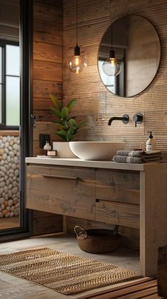 a bathroom with two sinks and a large mirror on the wall next to an open door