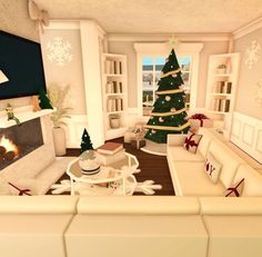 a living room filled with white furniture and a christmas tree in the corner next to a fire place