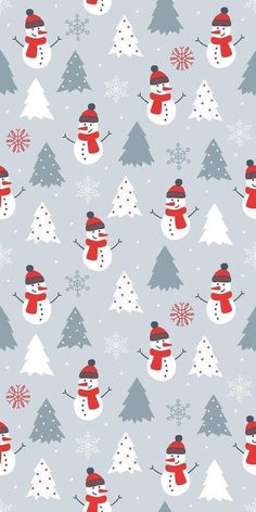 snowmen and trees are on a gray background with red, white and blue colors