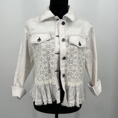 Beautiful White Jean Denim Jacket With Lacey Back Design! New With Tags From Chelsea And Theodore! Petite Large. Great For Any Season! White Button-up Utility Jacket For Spring, White Long Sleeve Utility Jacket For Spring, Chambray Jacket, Lace Jeans, Embroidered Denim Jacket, Crop Jean Jacket, Denim Belt, Belted Jacket, Denim And Lace