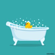 a bathtub with bubbles and a rubber ducky floating in it, on a blue background