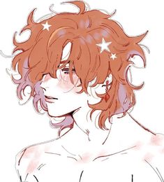 an anime character with red hair and stars on his head, looking to the side