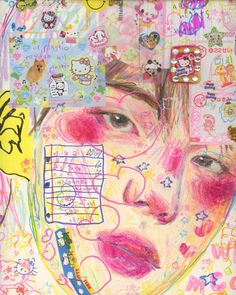 a drawing of a woman's face surrounded by many different stickers and objects