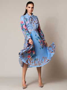 MARISOL Midi Dress – ZCRAVE Blue Floral Print Midi Dress For Work, Blue Floral Midi Dress For Work, Blue A-line Pleated Dress, Blue Pleated Long Sleeve Midi Dress, Blue Long Sleeve Pleated Midi Dress, Blue Pleated Knee-length Midi Dress, Blue Long Sleeve Pleated Dress, Royal Blue Knee-length Dress For Spring, Blue Pleated Midi Dress For Work