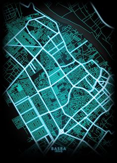 a green city map that is glowing in the dark, with lines running through it